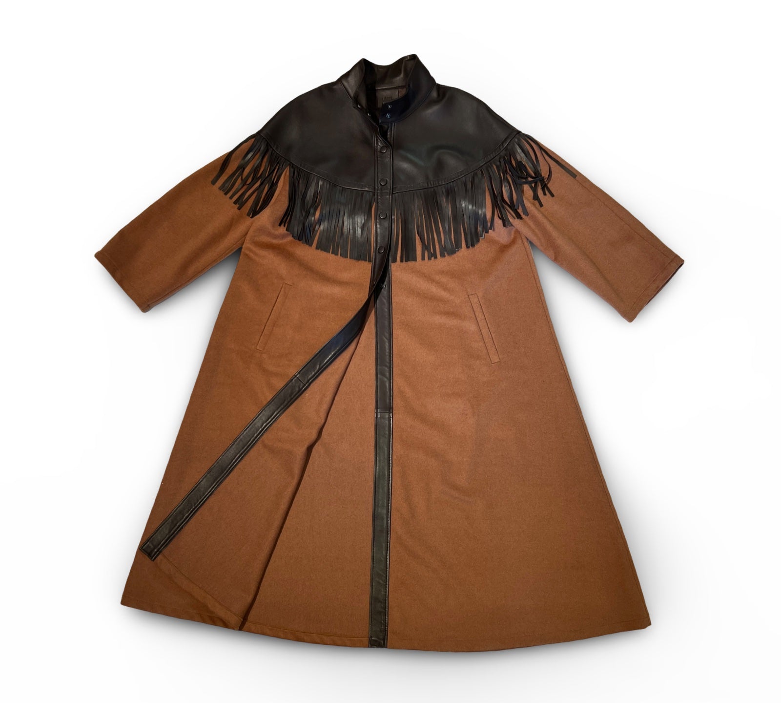 Long Wool Coat WESTERN Cognac with Fringes, made by LABEL17 in Morocco